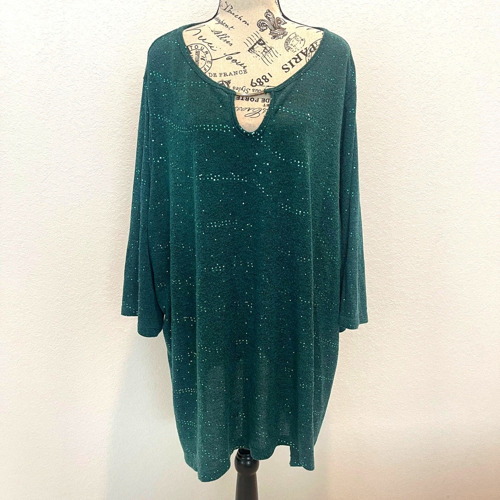 Catherines 4X Green Sparkle Tunic Long Sleeve Keyhole Relax Resort wear‎ Flowy